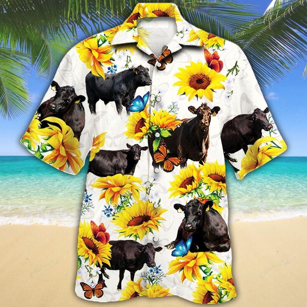 Black Angus Cow Hawaiian Shirt and Shorts, Sunflower Cattle Lovers Shirt