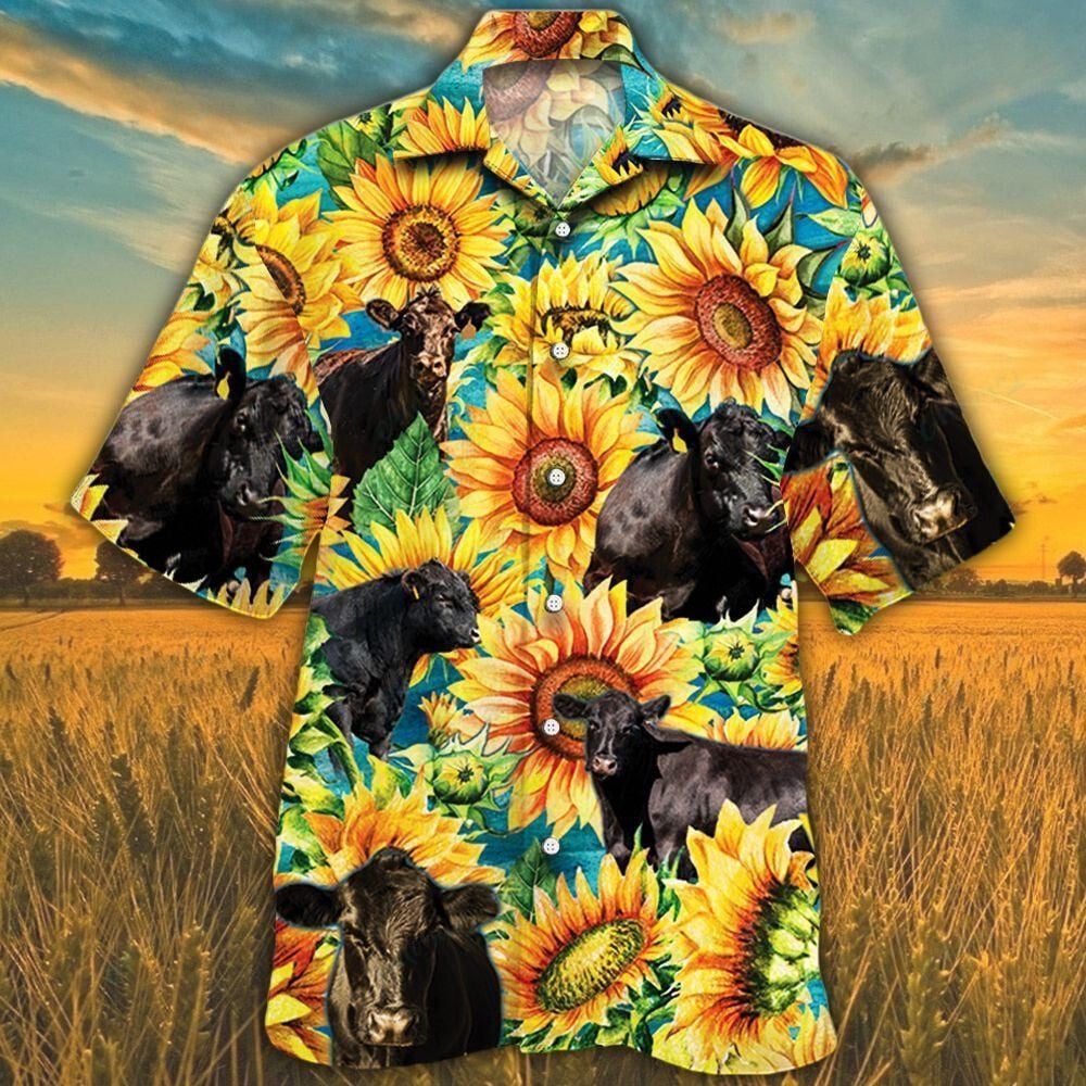 Black Angus Cow Hawaiian Shirt and Shorts, Sunflower Cattle Farmer Shirt